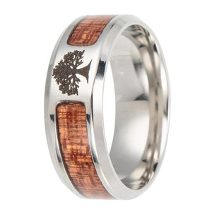 bague en bois et acier inoxydable arbre de vie