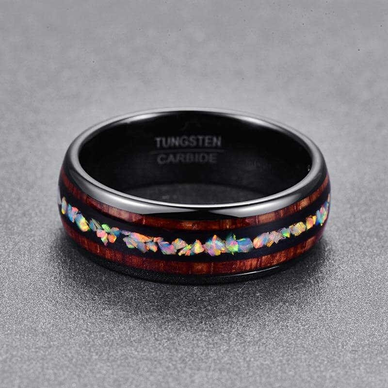 Bague Viking Tungstène Homme Bois Koa Hawaïen - Alliance Argent Noir Style Nordique 8mm