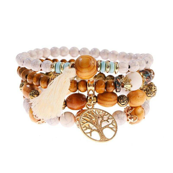 Ensemble De 4 Bracelets Perles Bois & Pendentifs Arbre De Vie - Style Bohème, Bleu, Neuf
